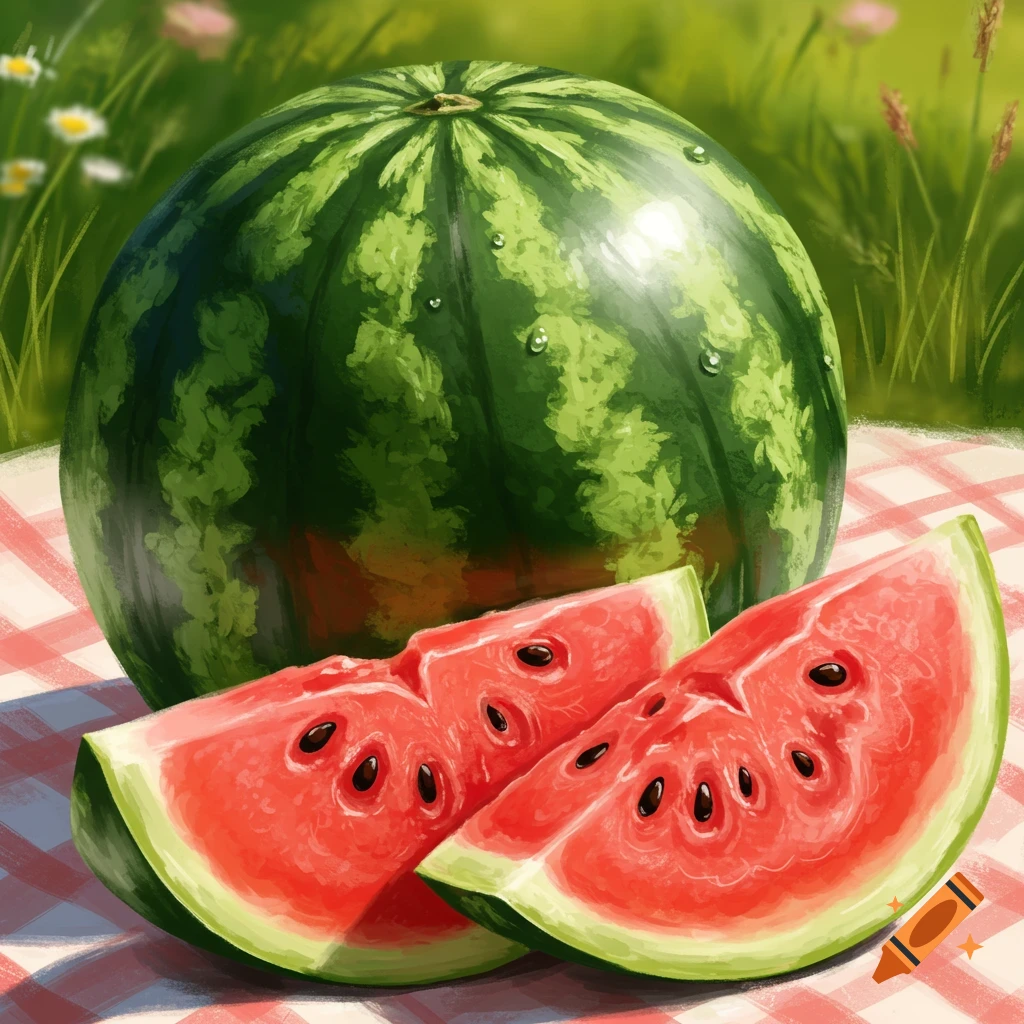 A whole watermelon and two slices sit on a red and white checkered picnic blanket in a grassy field, rendered in a painterly style.