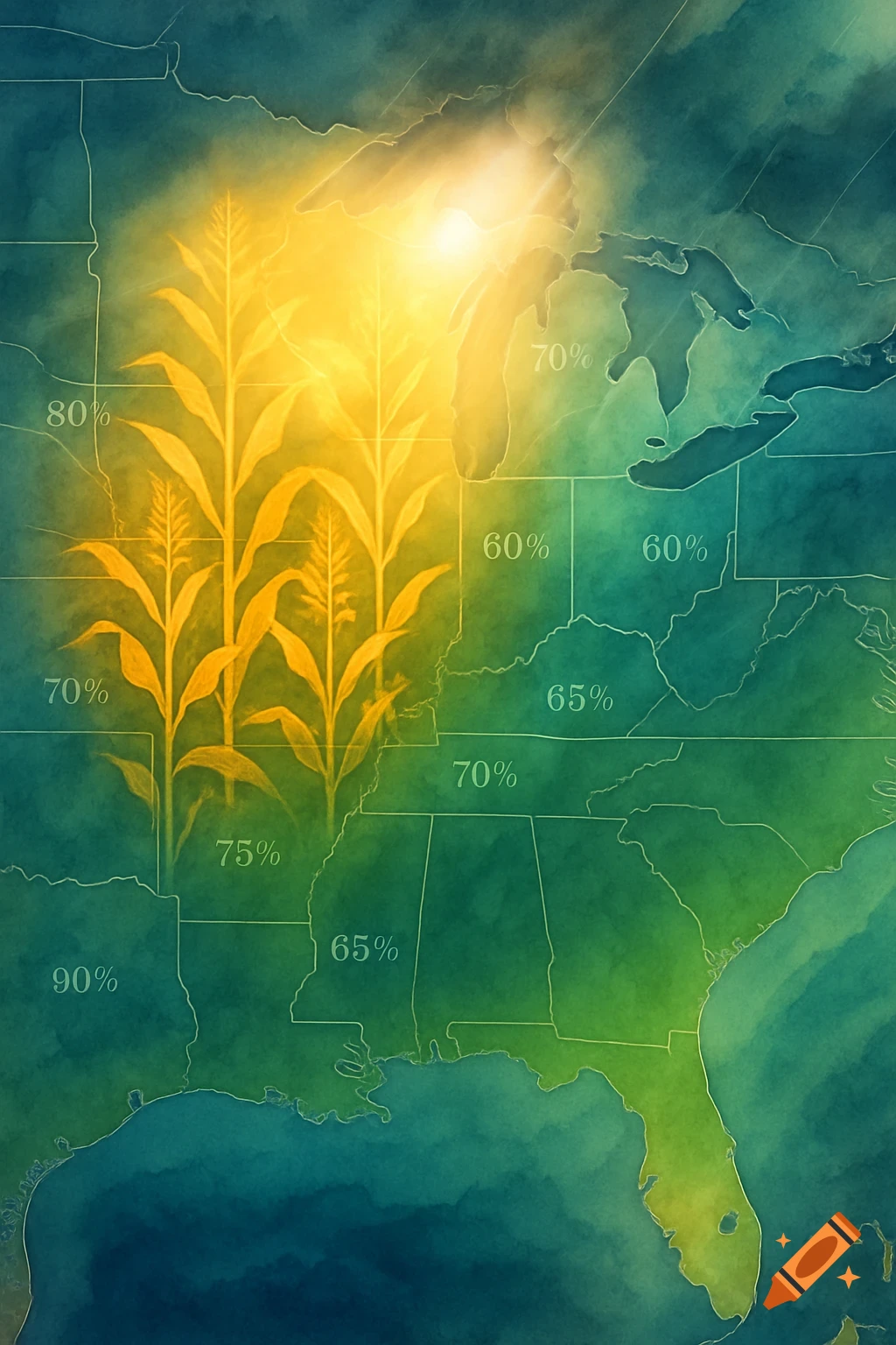 Watercolor map of the Eastern United States with glowing corn plants and percentages indicating humidity.
