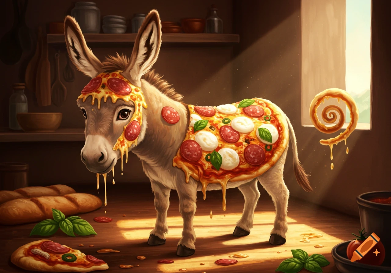 A whimsical donkey covered in melting pizza toppings stands in a kitchen.