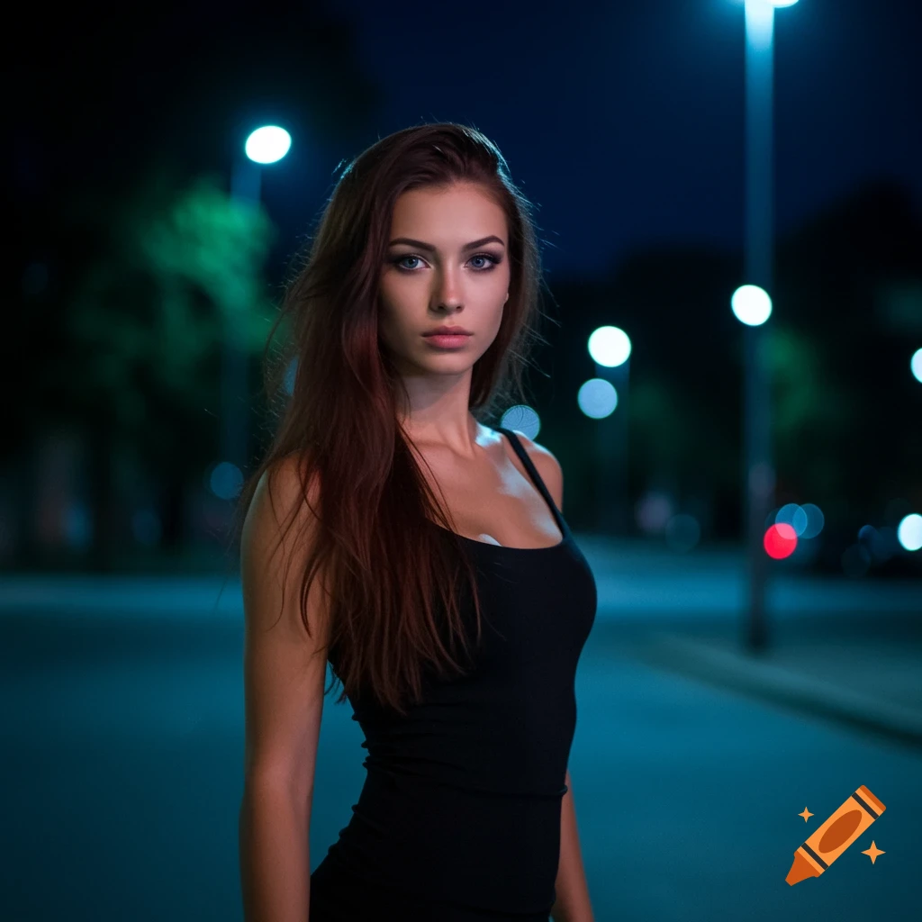 Photorealistic portrait of a young woman with long dark red hair and blue eyes in a black top, standing on a street at night.