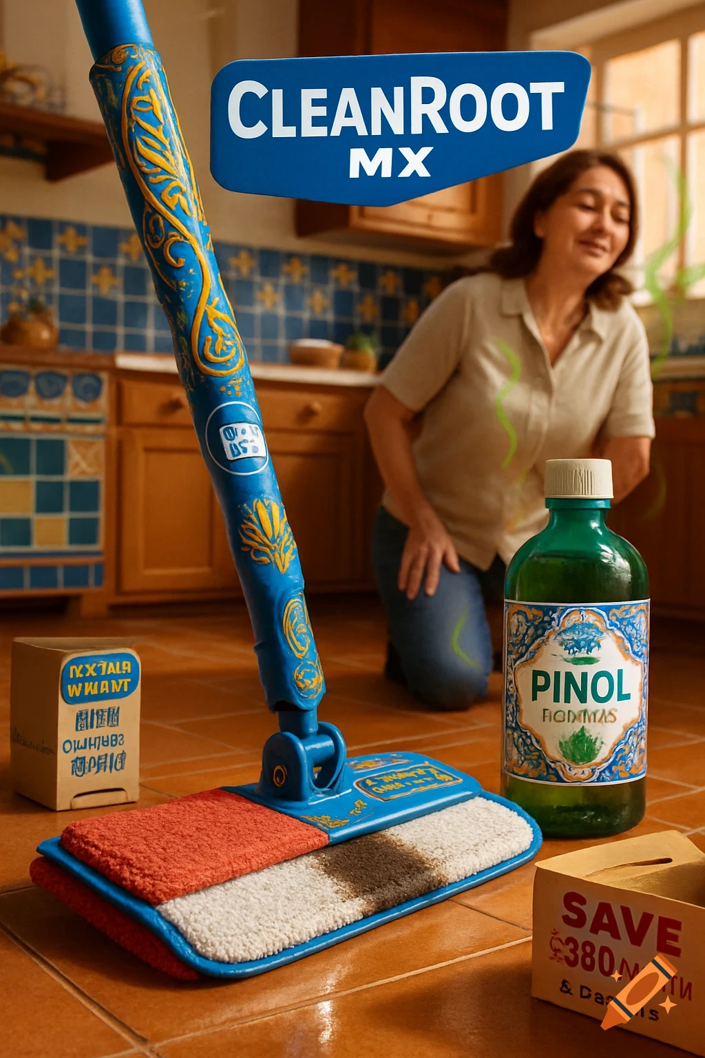 A blue and gold mop stands upright in a kitchen with terracotta tiles, alongside a green bottle of Pinol and a box that says "SAVE £380". A woman kneels in the background.