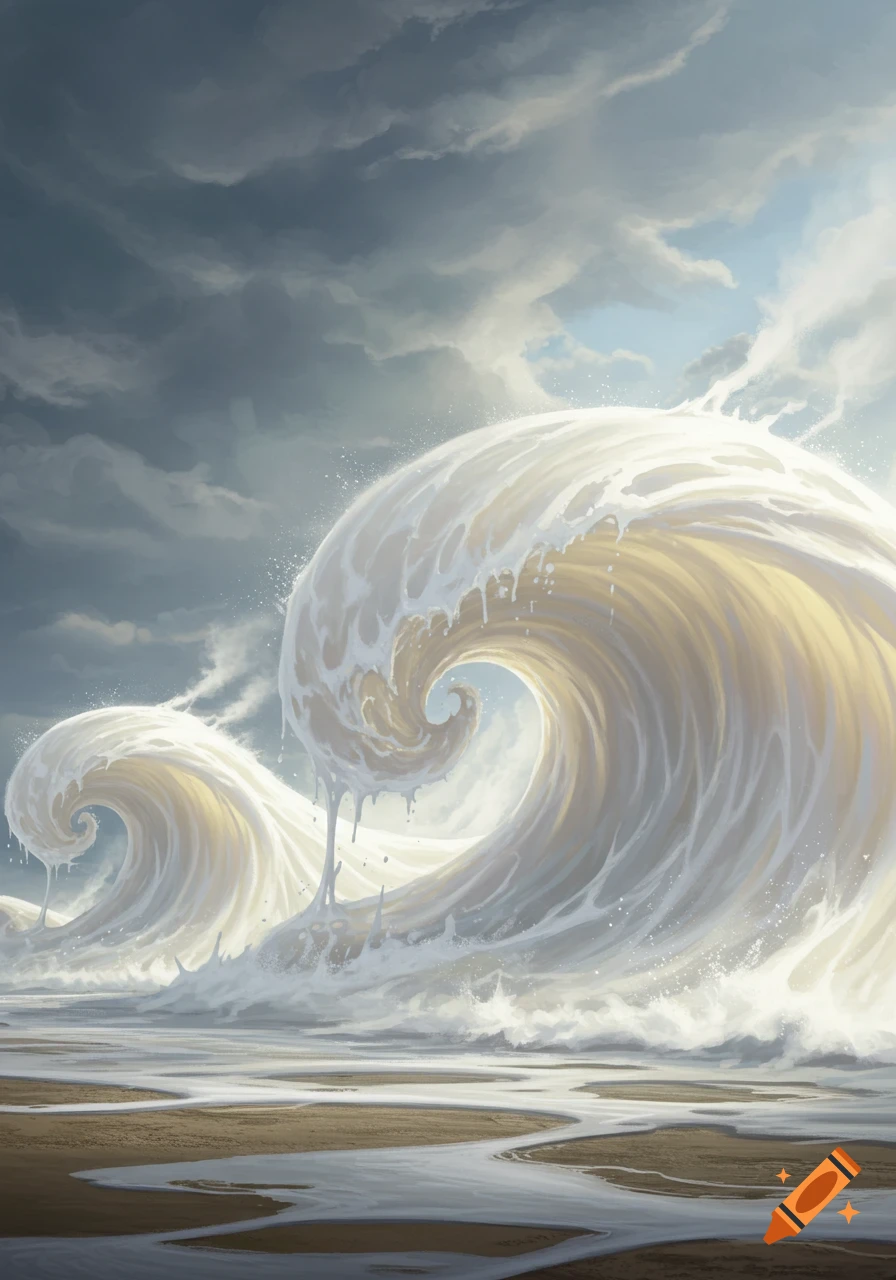 Giant frothy white waves resembling thick liquid crash onto a sandy beach under a dramatic cloudy sky.
