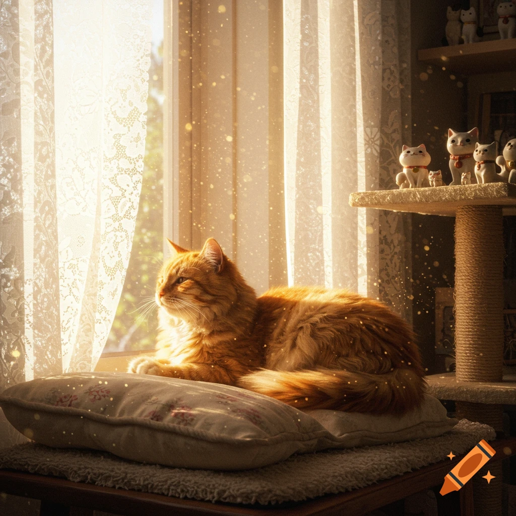 A photorealistic image of an orange tabby cat lounging on a pillow by a sunny window with lace curtains.