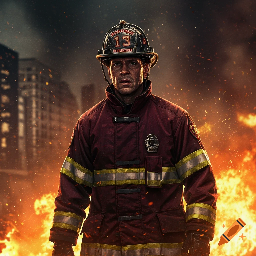 Photorealistic image of a stoic firefighter in a burning city, smoke and embers filling the air.