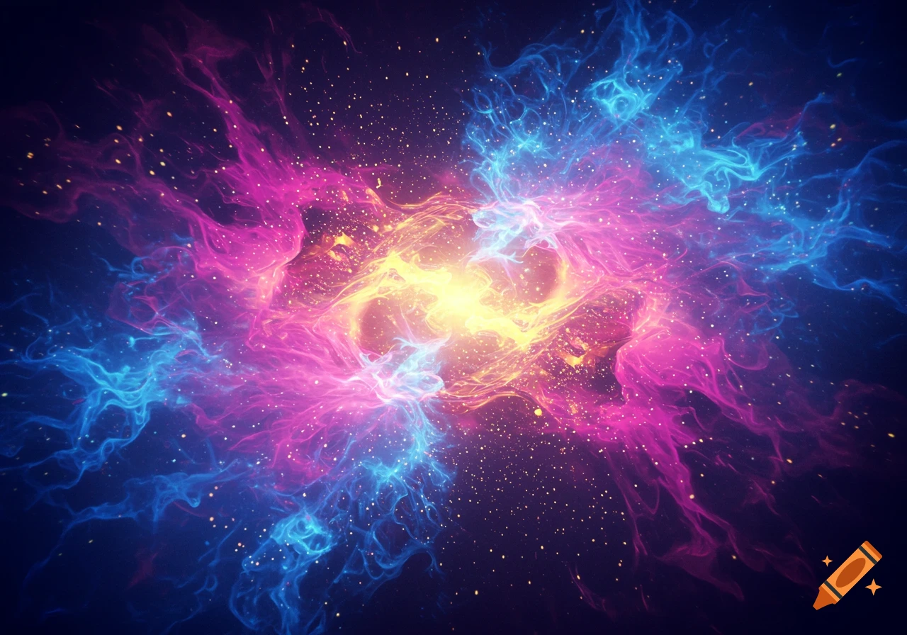 Vibrant abstract cosmic nebula with swirling pink, blue, and yellow energy and glittering particles.