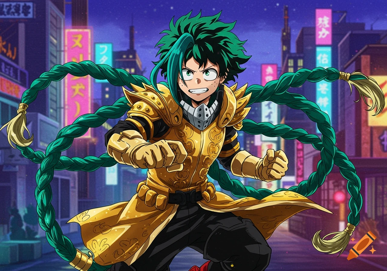 An anime character, Izuku Midoriya, in golden armor and green braids, stands in a stylized city at night.