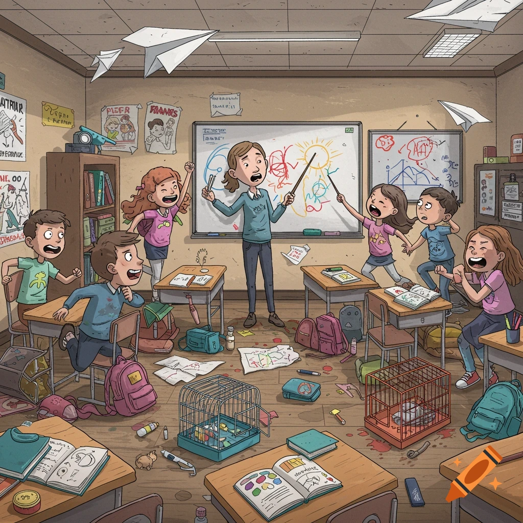 A chaotic cartoon classroom scene with students running and cheering, paper airplanes flying, and spilled items. A teacher looks exasperated at the whiteboard, while two students draw on it.
