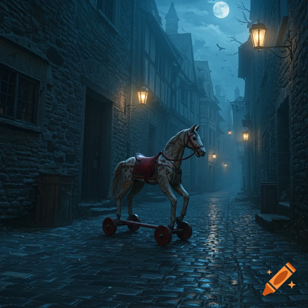 An antique German hobby horse toy rolls down a misty cobblestone street in a gothic village at night, under a full moon.