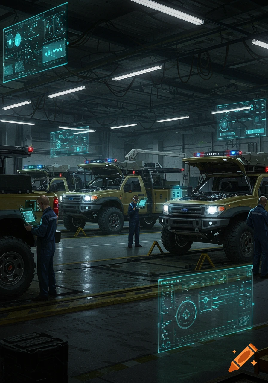Workers in a futuristic garage inspect large, yellow utility trucks with glowing holographic displays showing data.