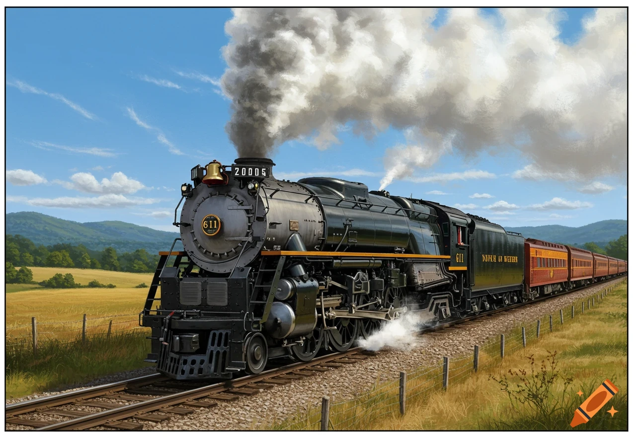 A black steam train travels through a sunny, open landscape with fields and mountains, emitting a large plume of smoke.