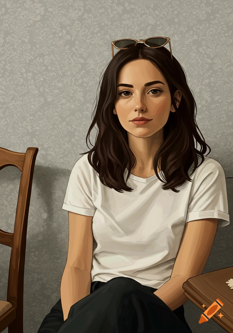 A young woman with dark hair and sunglasses on her head wears a white t-shirt, seated against a floral wallpaper.