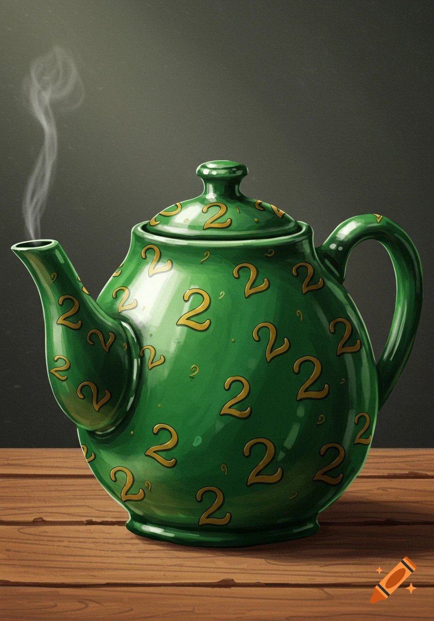 A vibrant green teapot patterned with golden number '2's, steaming on a rustic wooden table.
