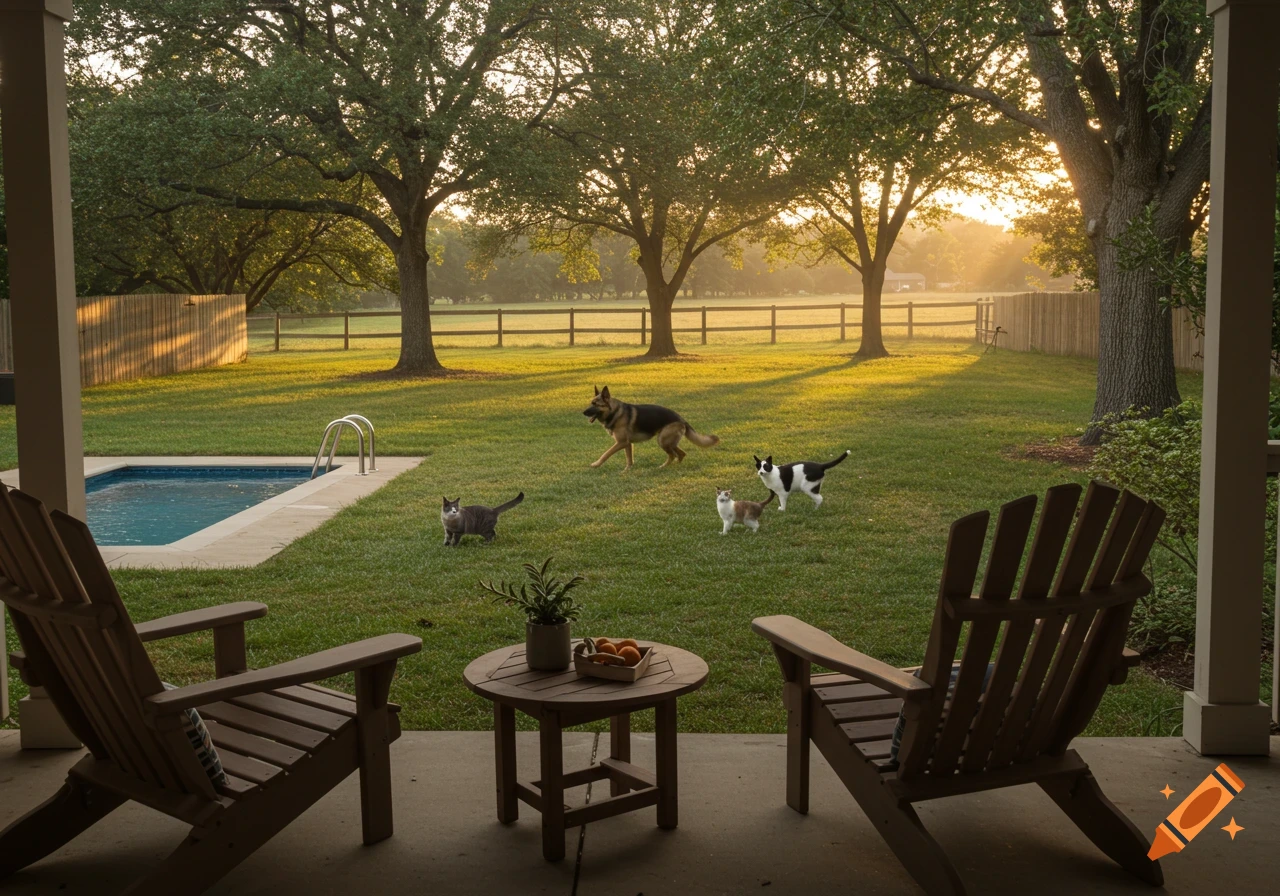 A backyard view from a patio with Adirondack chairs, showing a pool, a German Shepherd, and three cats on lush grass under golden sunlight.