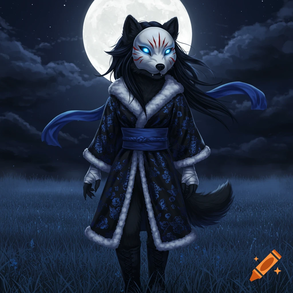 A black anthro wolf character with a white mask and glowing blue eyes stands in a moonlit field, wearing a blue and black kimono.