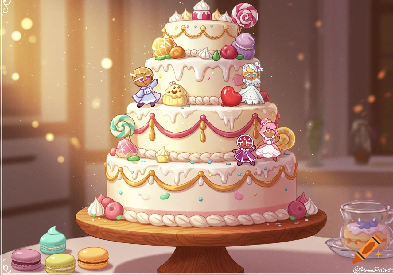 A multi-tiered wedding cake adorned with various colorful cookie-inspired characters, candies, and icing, set on a wooden stand with macarons.