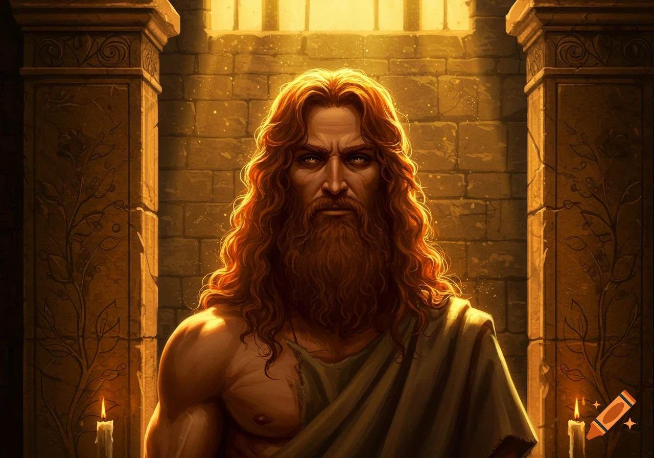 A stern man with long red hair and a beard, clad in a drape, stands in a warmly lit stone room with candles, in a fantasy art style.