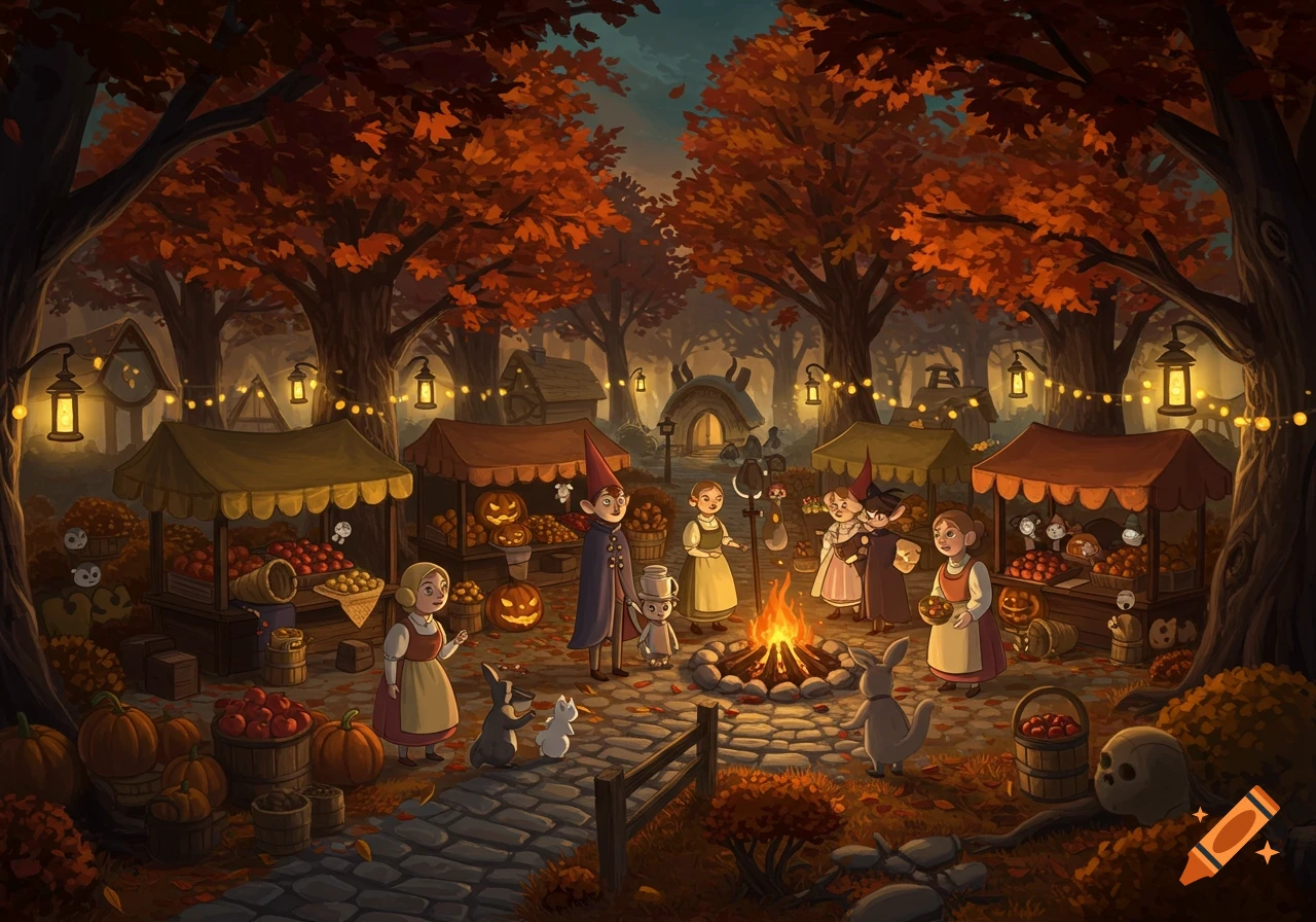 An autumn harvest festival in the woods at dusk, with cartoon-style characters, market stalls, pumpkins, and a bonfire.