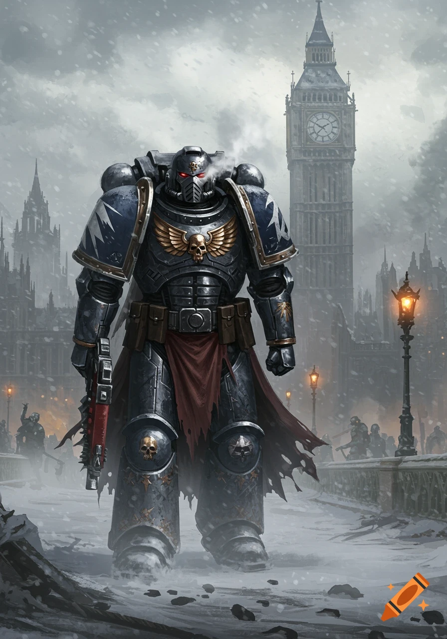 A Warhammer Space Marine in dark armor stands in a snowy street with Big Ben and other buildings in the background.