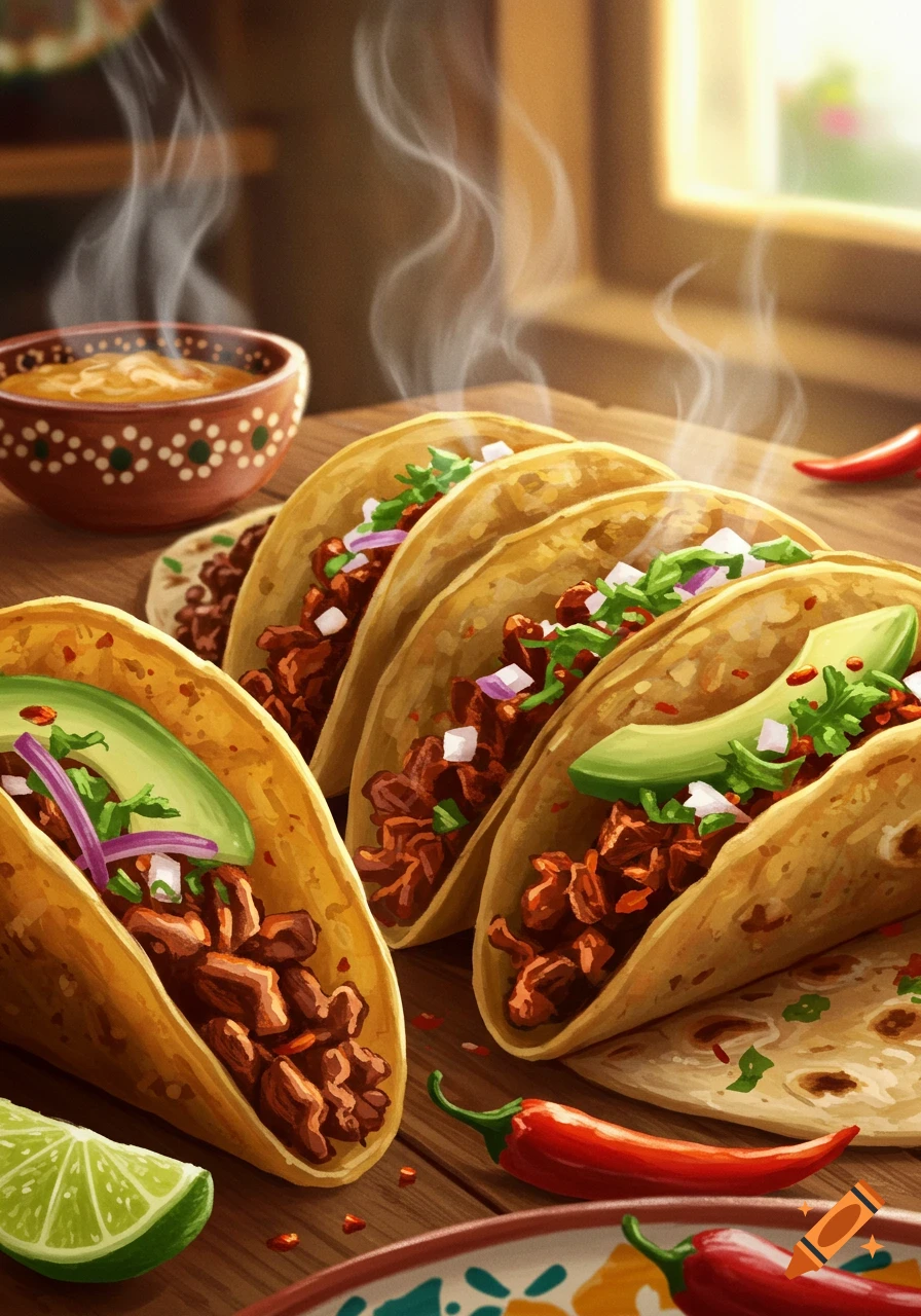 An appetizing illustration of several steaming tacos filled with meat, avocado, and toppings on a wooden table with chili peppers and lime.