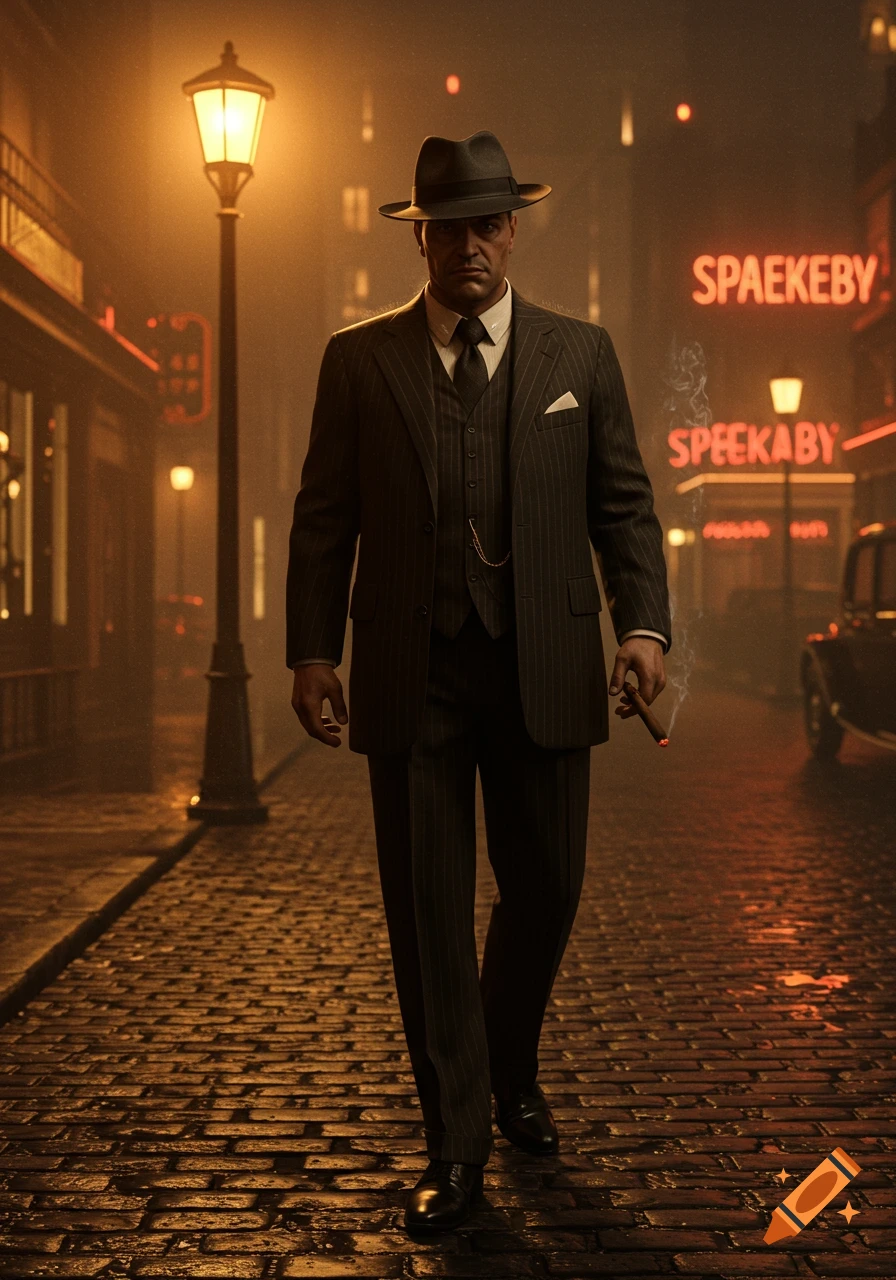 A man in a pinstripe suit and fedora walks on a wet cobblestone street at night, holding a lit cigar. Neon signs glow in the hazy background. Photorealistic style.