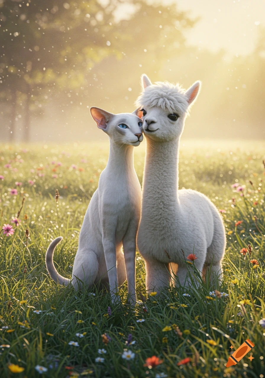 A white Oriental cat with blue eyes nuzzles a fluffy white alpaca in a sunny, green field filled with colorful wildflowers, photorealistic.