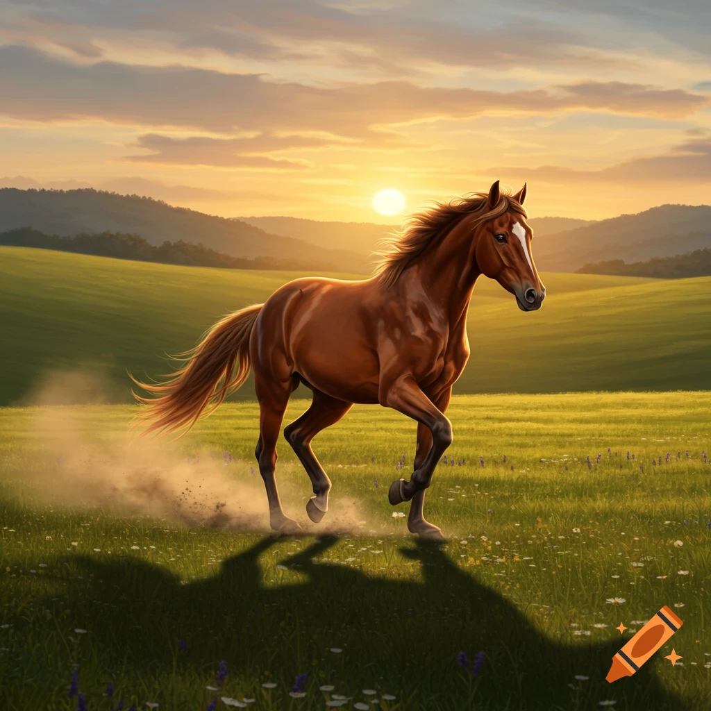 A brown horse trots through a green field at sunset, kicking up dust with hills in the background.