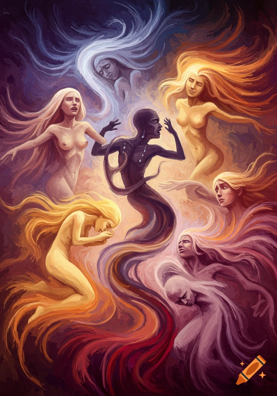 A painterly image of a dark figure surrounded by several emotional, light-colored figures with flowing hair.