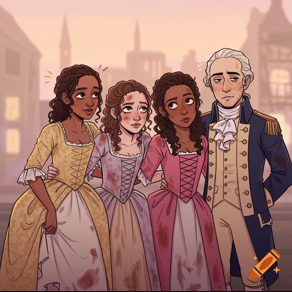 Cartoon fanart of Hamilton characters Angelica, Eliza, and Peggy looking exhausted and messy in stained dresses, next to a tired-looking Hamilton in period attire on a city street.