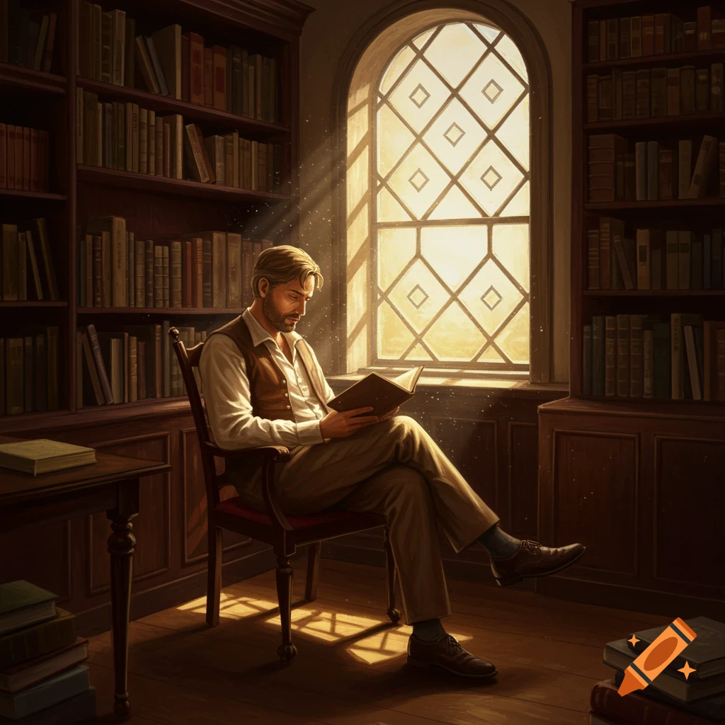 A man sits in a chair reading a book in a sunlit library with tall bookshelves and a large arched window.