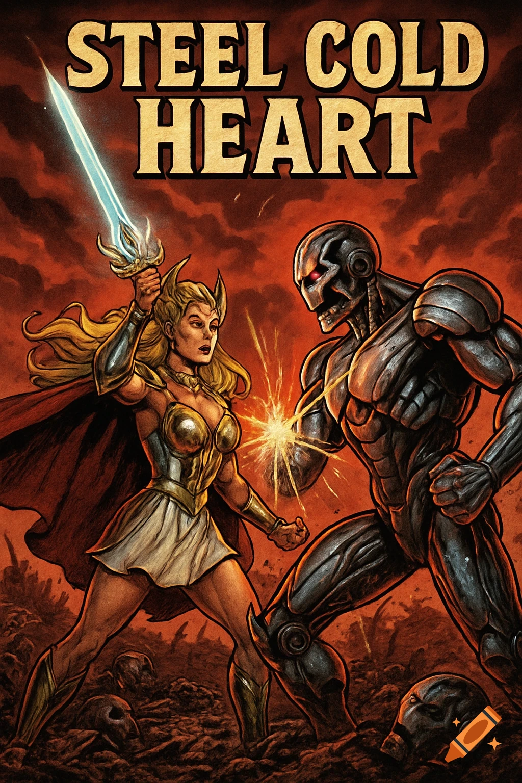 A female warrior with a sword fights a robot in a comic book style against a red, stormy sky, with text 'Steel Cold Heart' above.