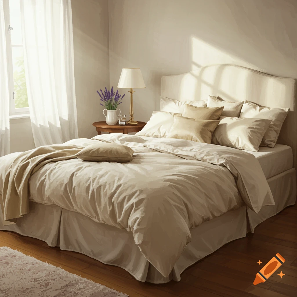 A bright and inviting bedroom with a made bed, nightstand, and window with sheer curtains.