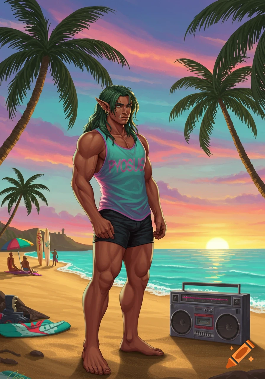 A muscular half-orc man with green hair and tusks stands on a beach at sunset, wearing a tank top and shorts. A boombox is on the sand beside him.