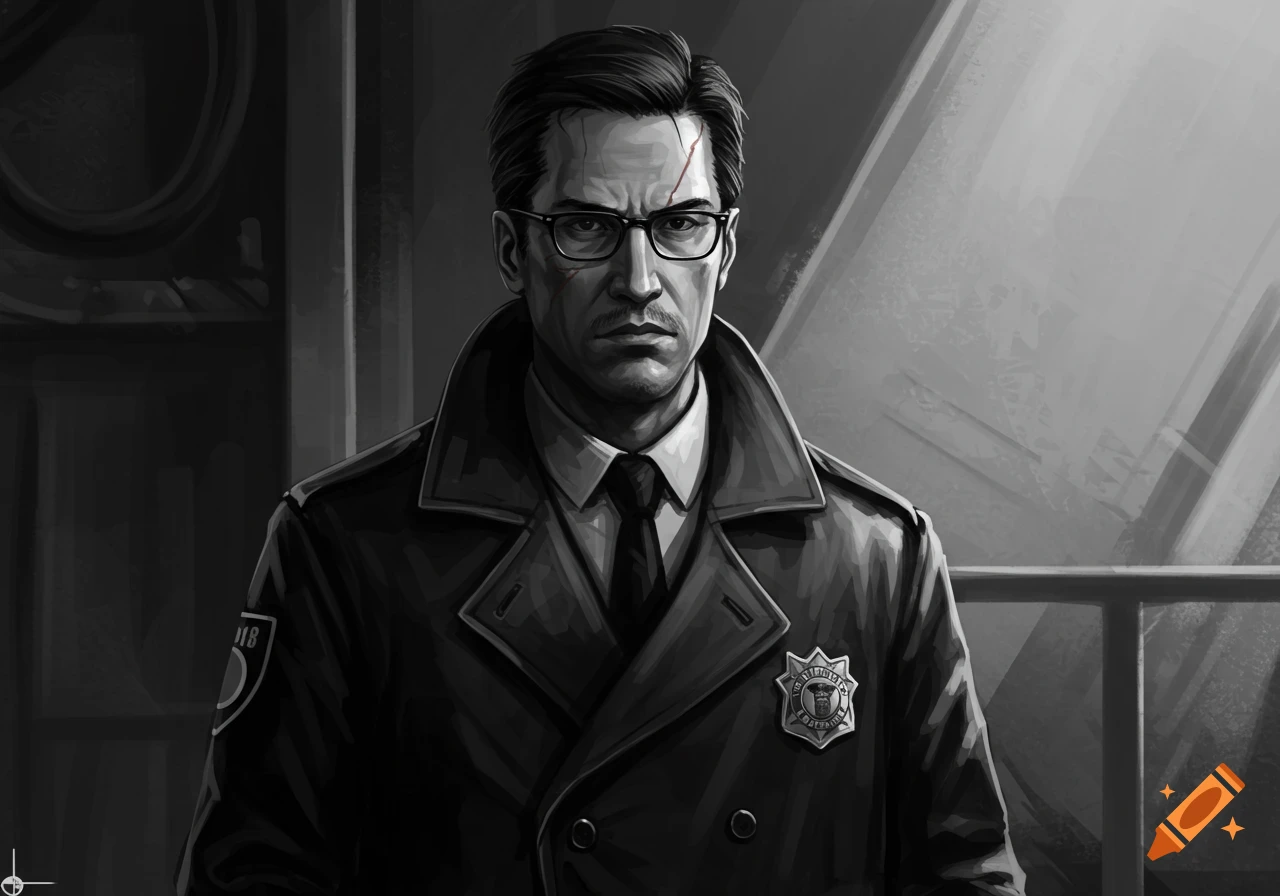 A black and white digital art portrait of a serious man in glasses and a trench coat, with a scar on his face, wearing a badge and a sleeve patch.
