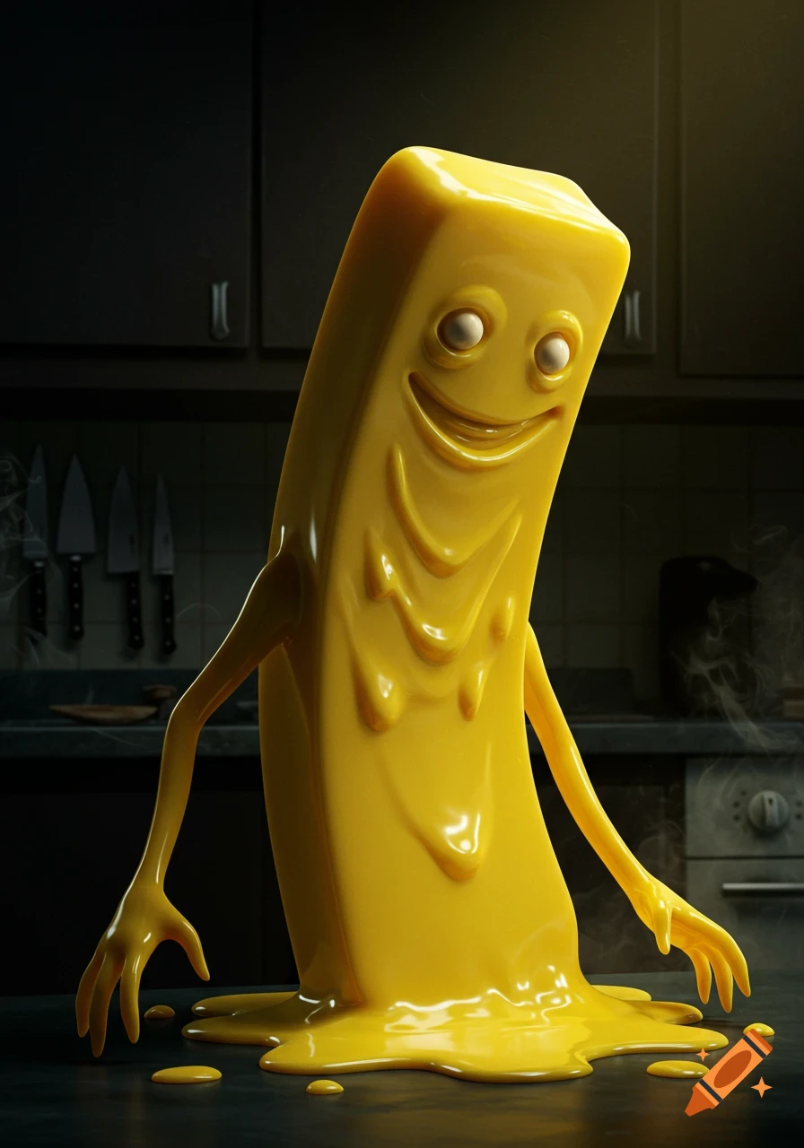 A scary, anthropomorphic stick of butter with a melting base and arms, standing on a counter in a dark kitchen.