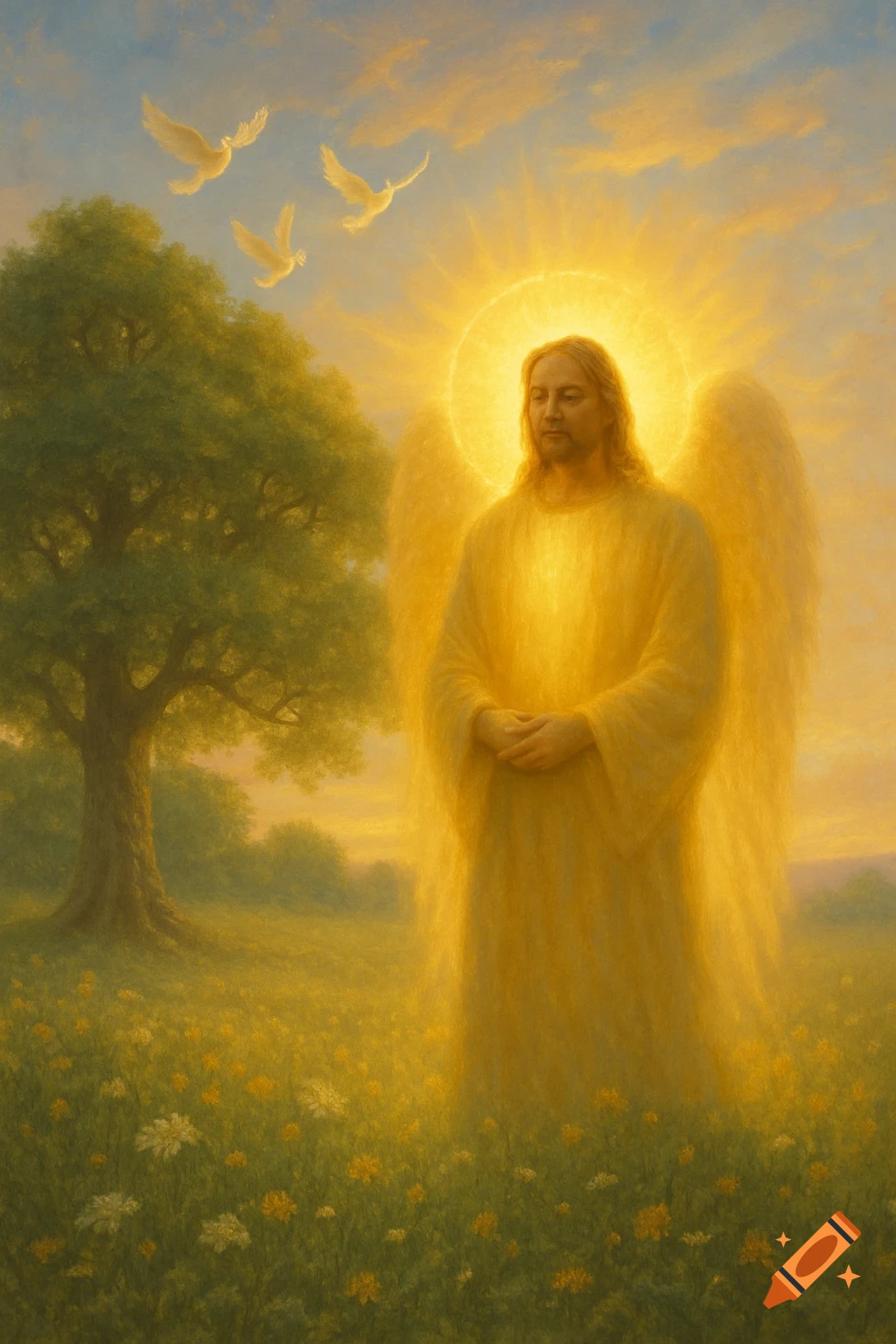 An angelic figure with long hair and a glowing halo stands in a field of flowers at sunset, with three doves flying above a tree.