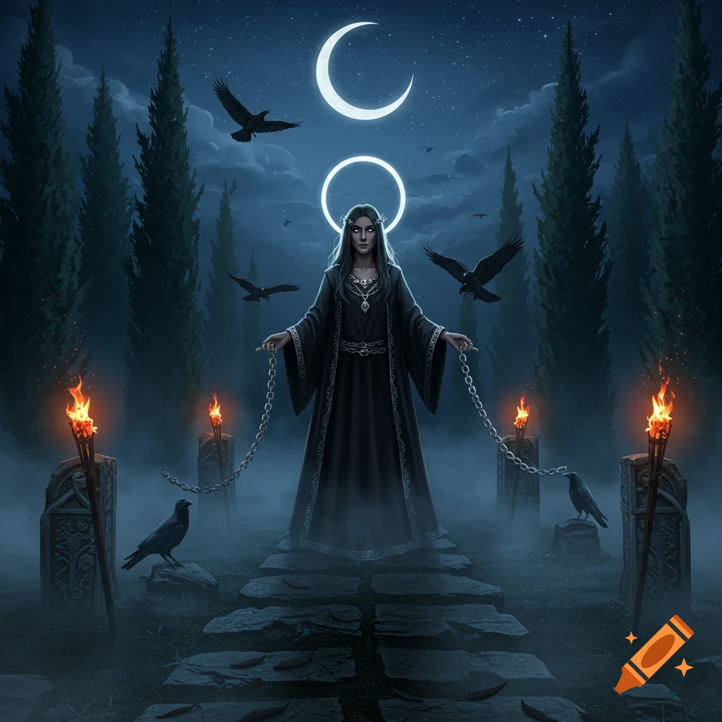 A dark goddess with chains and glowing eyes stands on a stone path in a foggy, moonlit forest with crows and torches.