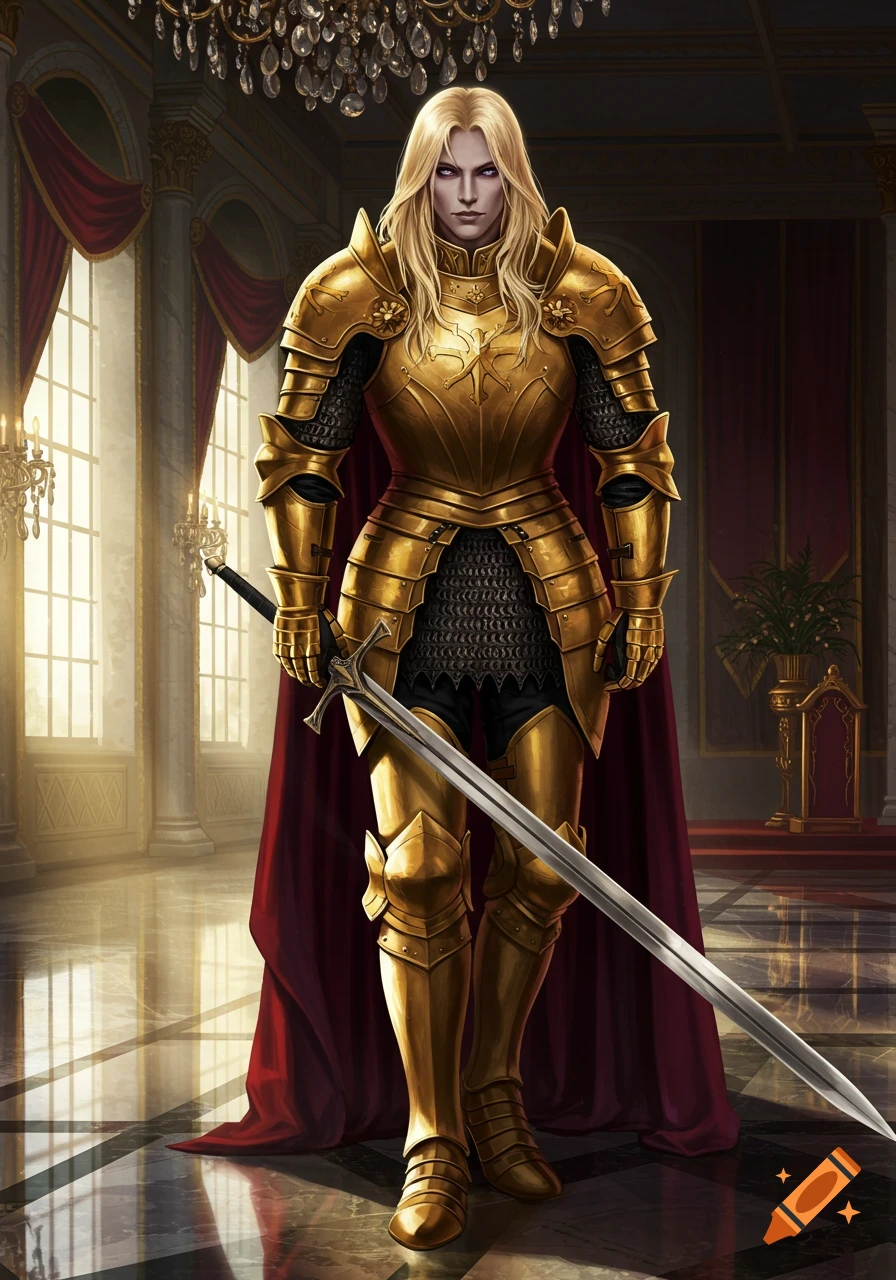 A blonde knight with purple eyes in gleaming gold armor and a red cape stands in a grand courtroom with a marble floor.