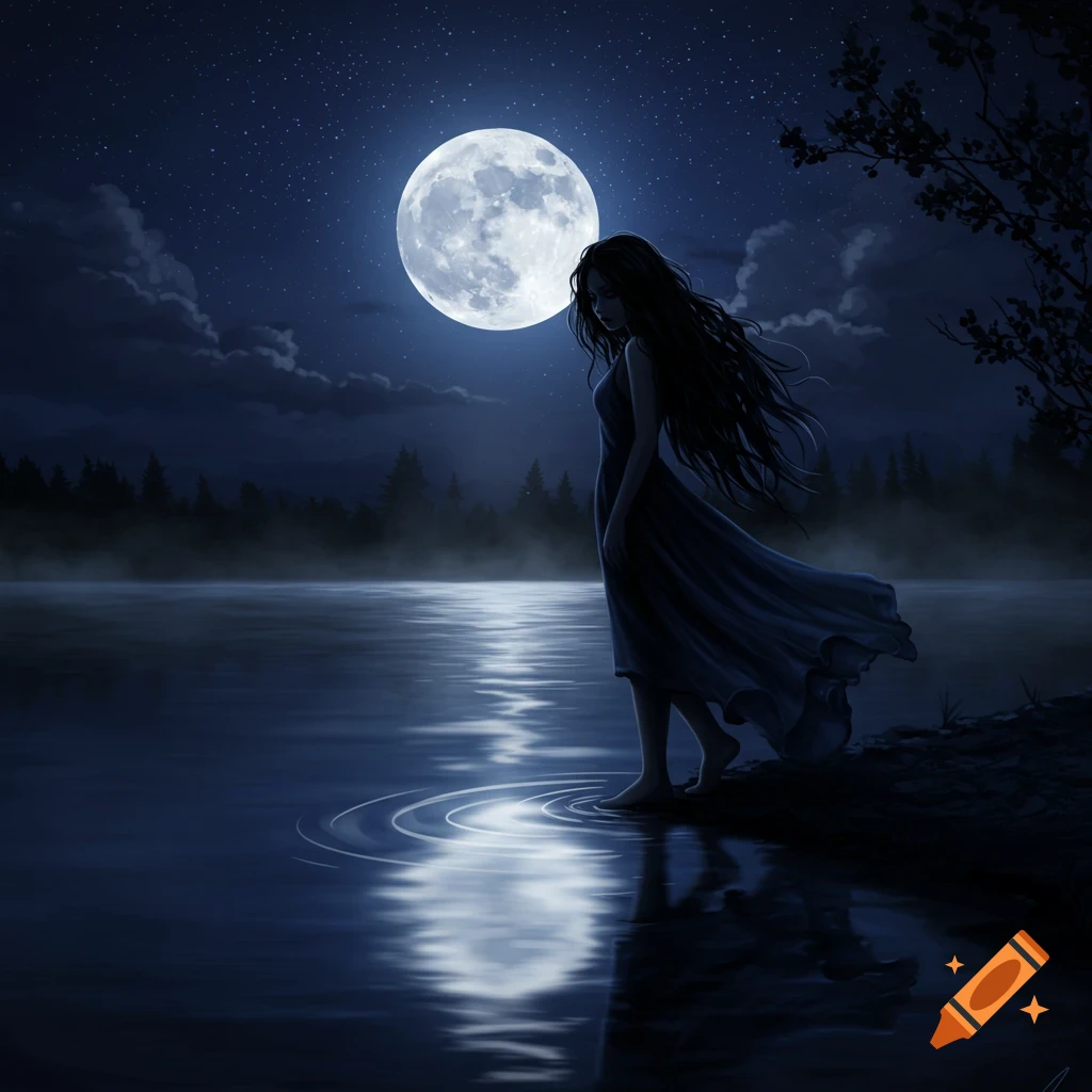 A woman with long dark hair stands at the edge of a moonlit lake at night, under a starry sky.