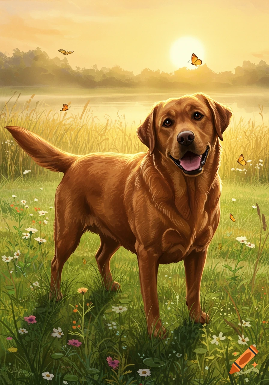 A happy golden brown Labrador dog stands in a field of green grass and wildflowers under a warm sunset sky with butterflies.