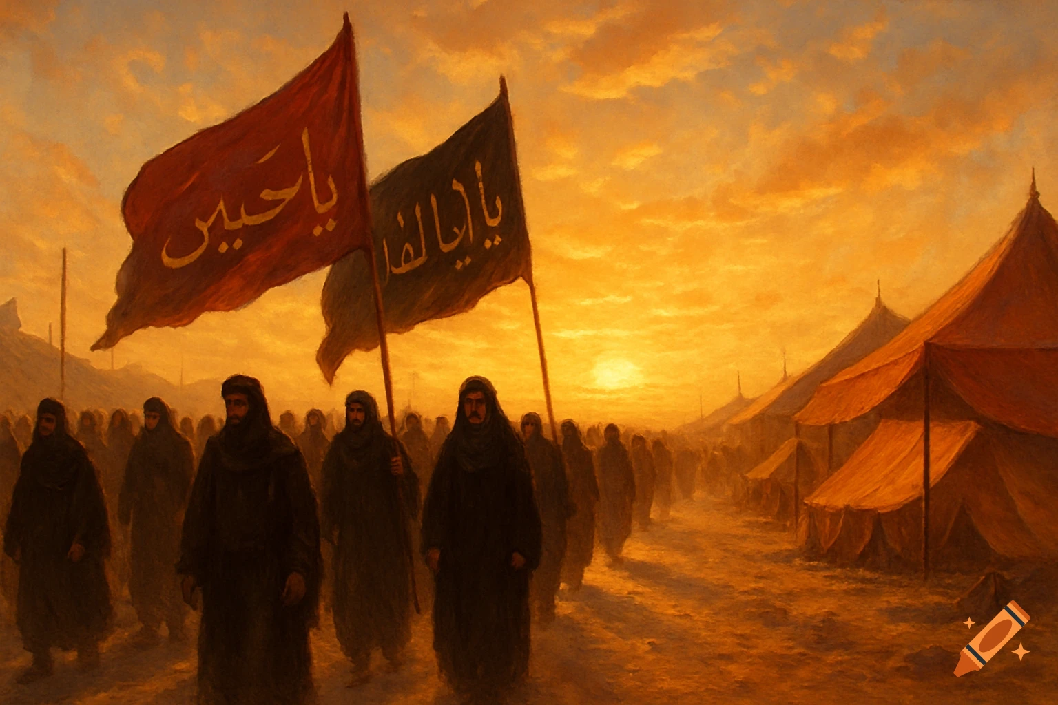 A large group of people in dark robes walk across a sandy landscape under a dramatic orange sunset, carrying red and black flags with Arabic text. Tents line the path.