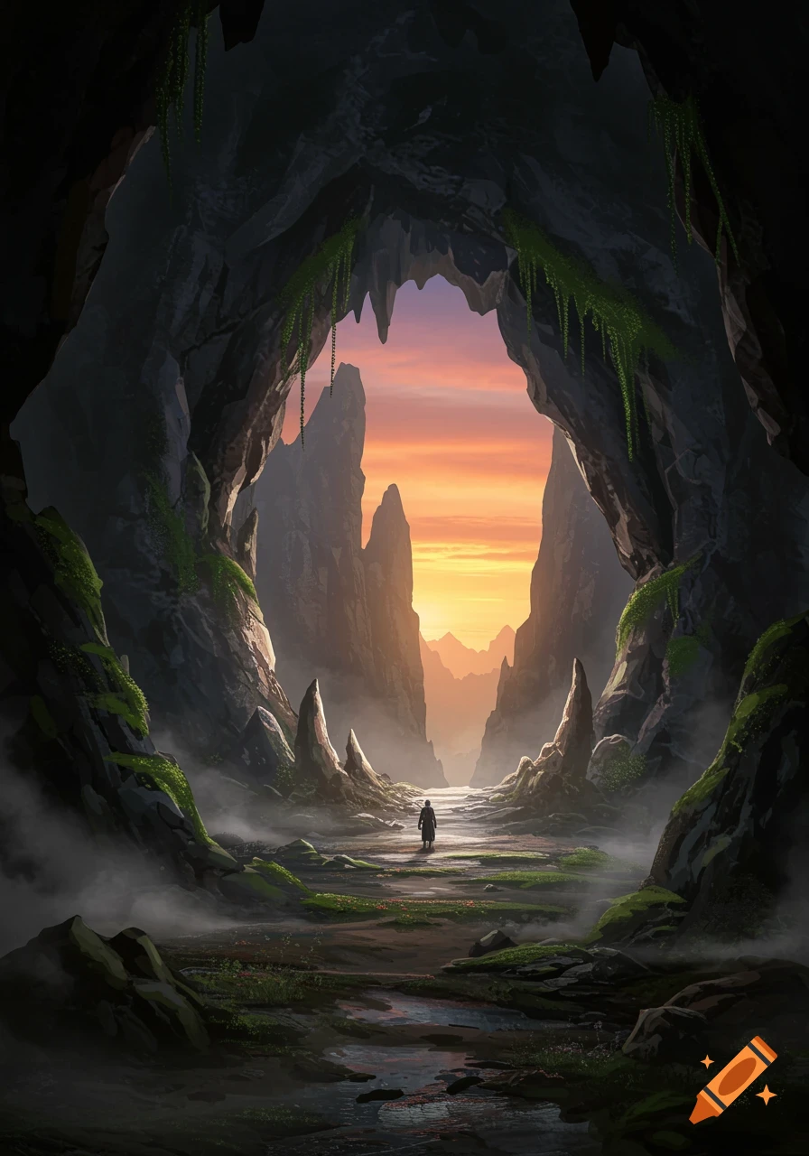 A lone figure stands at the entrance of a grand cave, looking out at a valley filled with towering rock formations under a vibrant sunset.