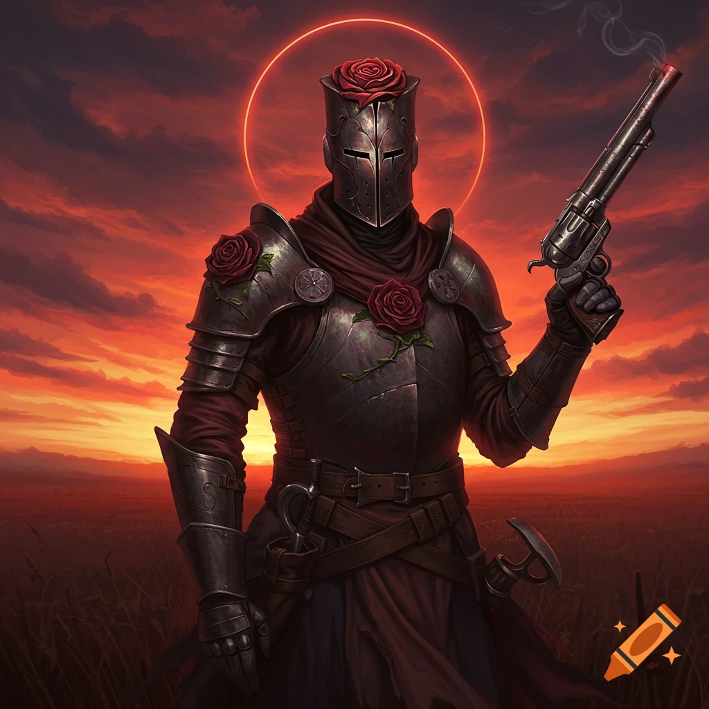 A mysterious knight in dark armor with red roses and a glowing red halo holds a smoking revolver against a sunset sky.