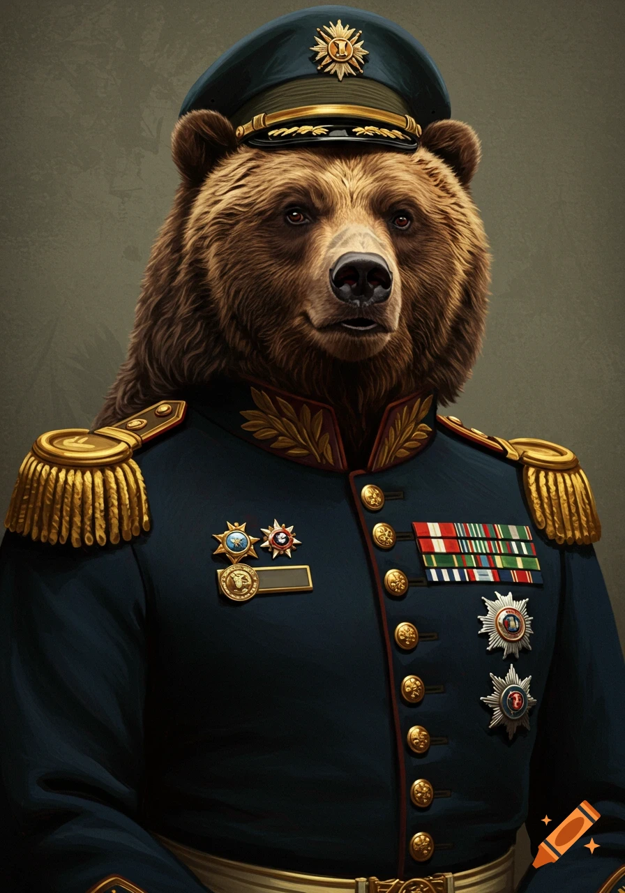 A photorealistic portrait of a grizzly bear wearing a dark blue military dress uniform with gold epaulets and medals.