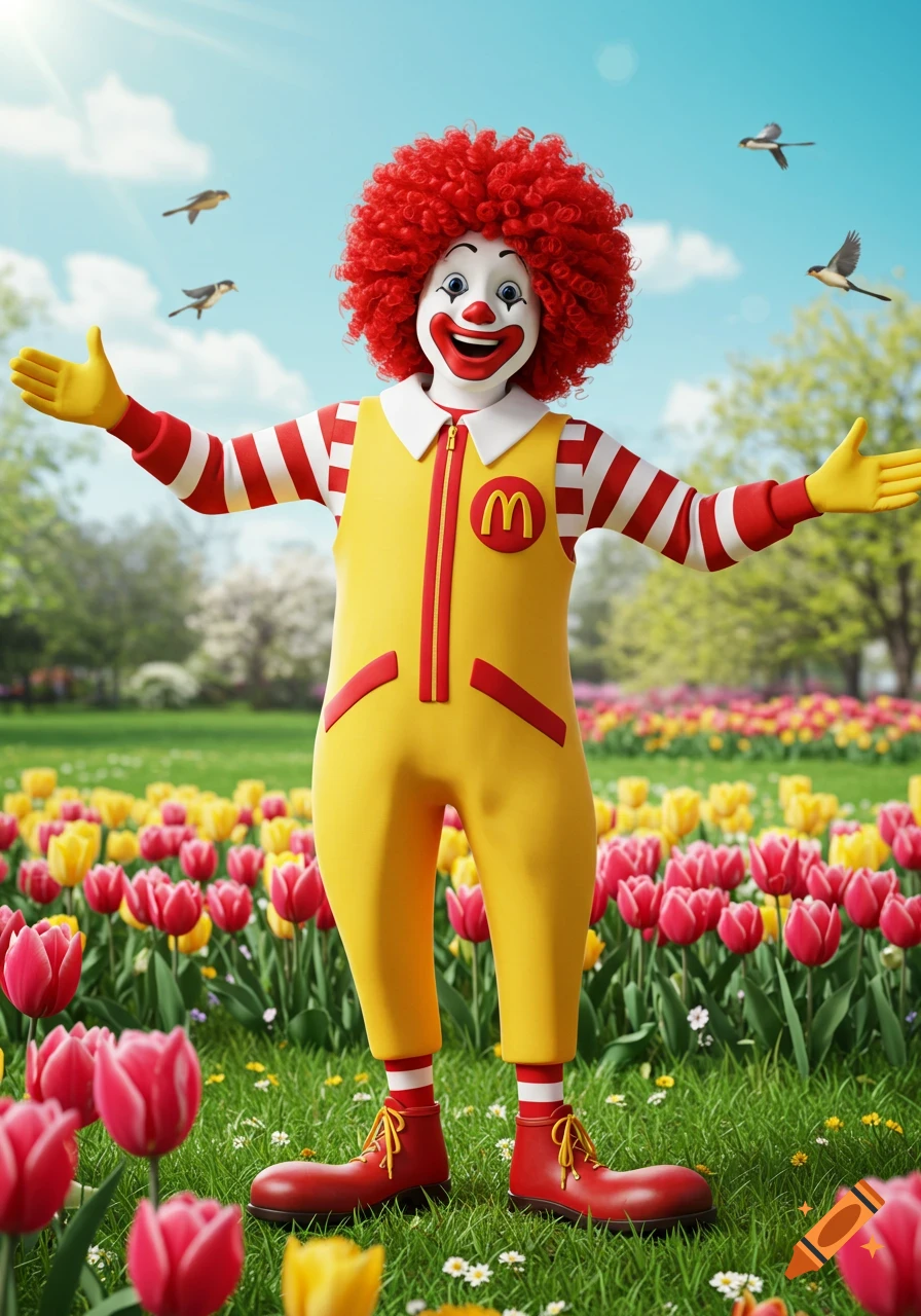 Photorealistic image of Ronald McDonald with outstretched arms, smiling, standing in a field of red and yellow tulips under a blue sky with flying birds.