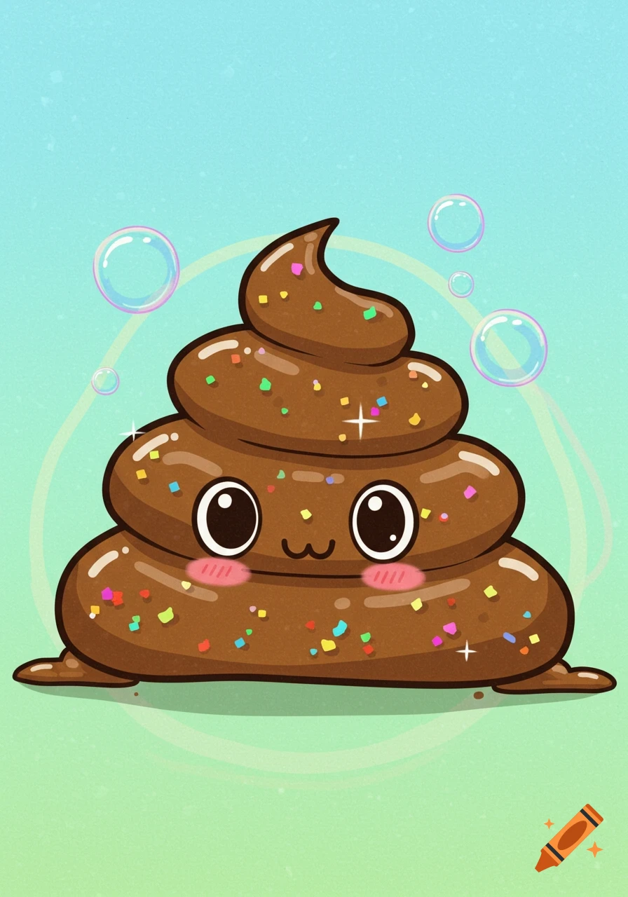 A cute cartoon poop emoji with big eyes, rosy cheeks, and colorful sprinkles, floating in a bubbly blue and green background.