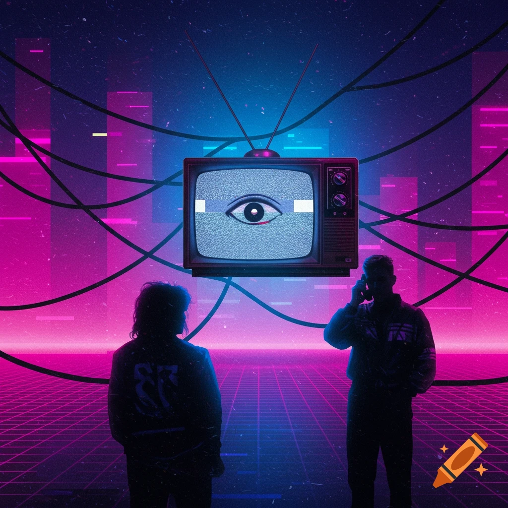 A retro-futuristic synthwave scene with two silhouetted figures gazing at an old television displaying a large eye. Neon grid lines and cityscapes in pink and blue.