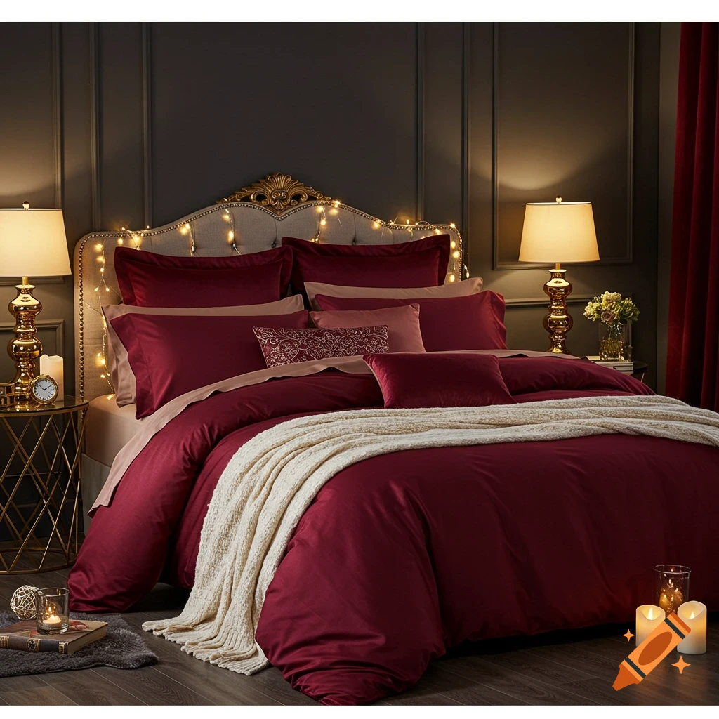 A luxurious bedroom featuring a bed with deep red velvet bedding, a white knitted throw, gold lamps, fairy lights, and lit candles creating a cozy ambiance.