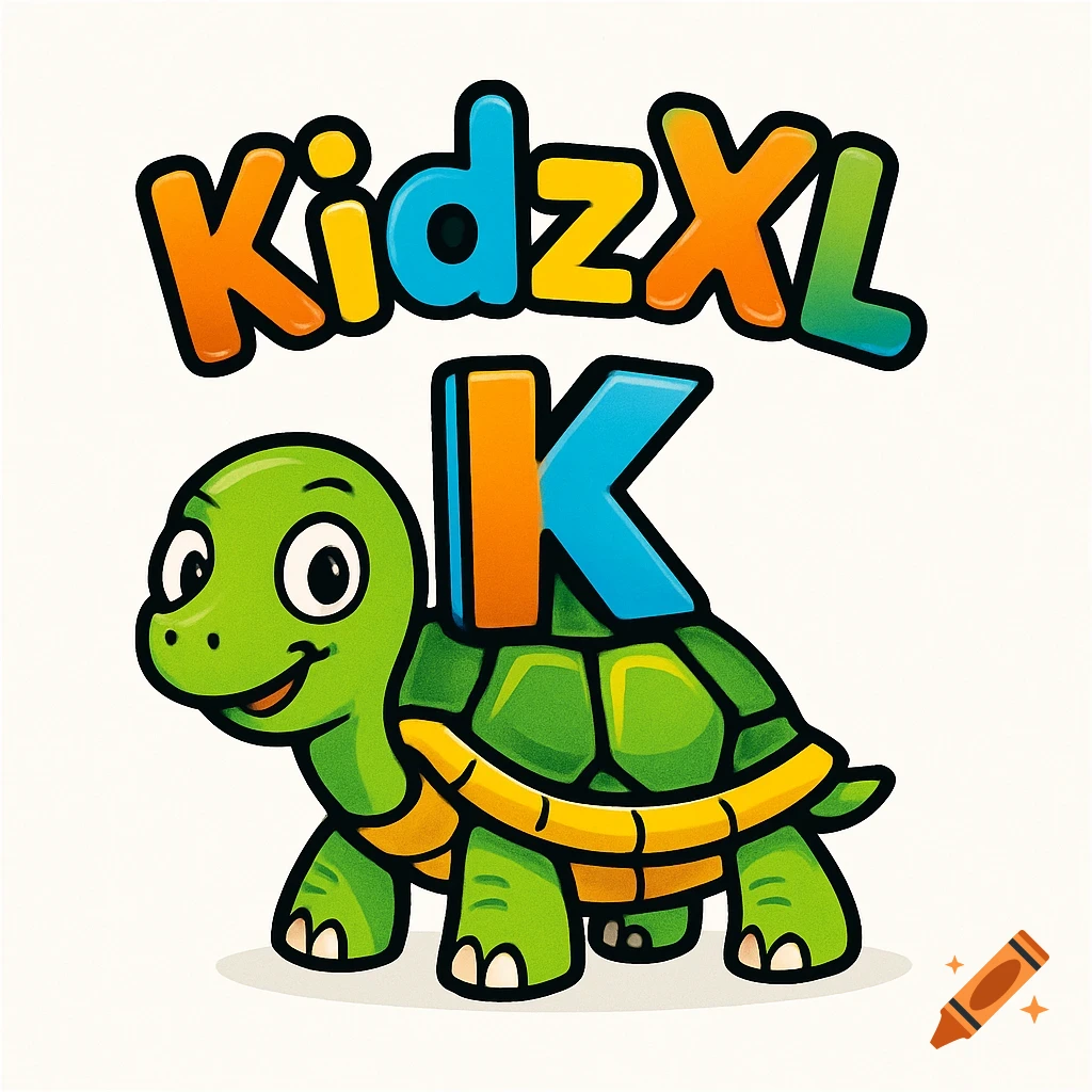 A colorful cartoon logo featuring the word "KidzXL" above a smiling green turtle with a large orange and blue letter "K" on its shell, on a white background.