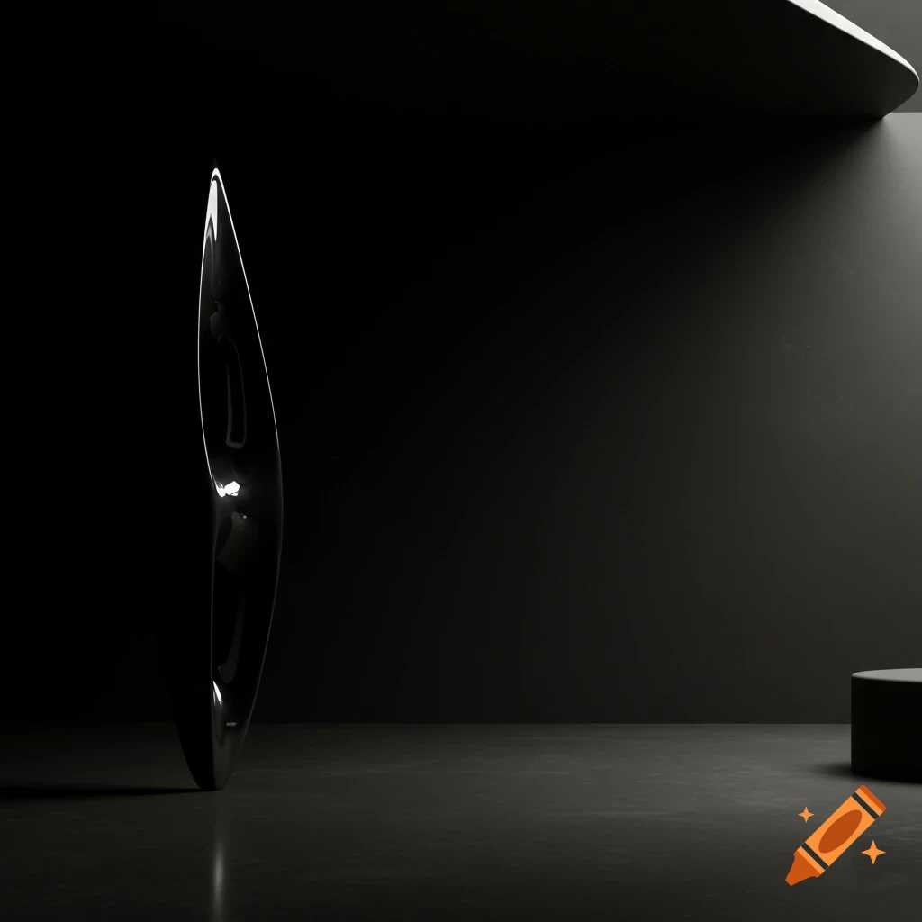 A dark, minimalist scene featuring a tall, reflective black object under a beam of light in a dim room.
