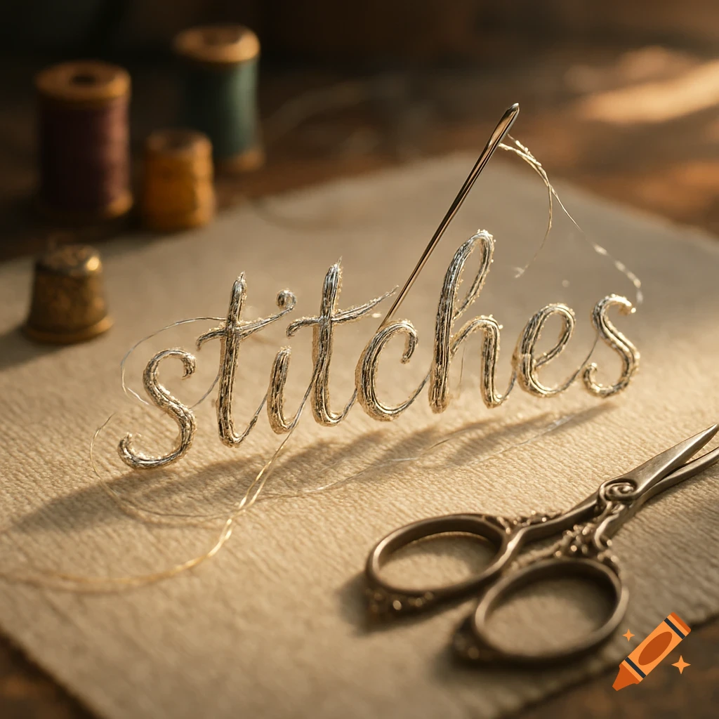 Close-up, photorealistic image of the word "stitches" crafted from silver thread with a needle, surrounded by sewing tools on textured paper.